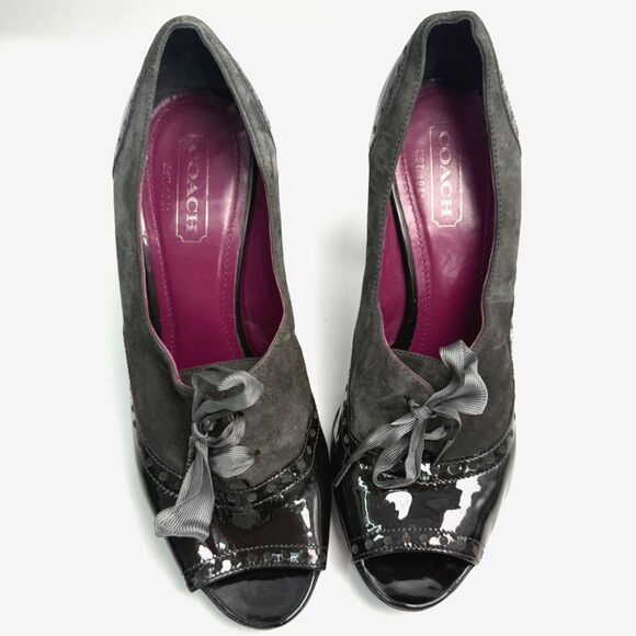 Coach Claudine Patent Leather 8 B Suede Black Gray Lace-Up Heels Designer Goth - Picture 2 of 10